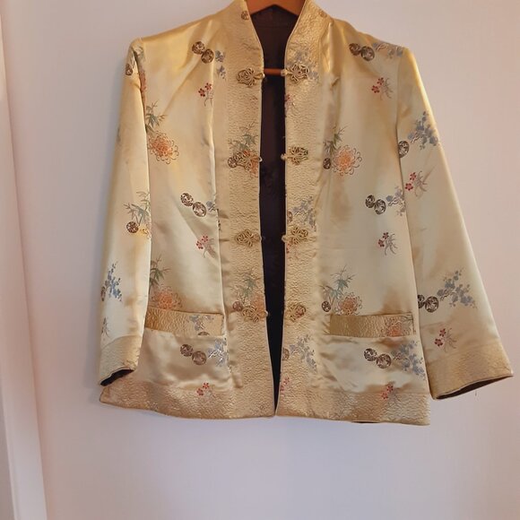 Peony Brand Satin Brocade Reversible Chinese Jacket Gold/Black Frog Closures XL - Picture 2 of 7
